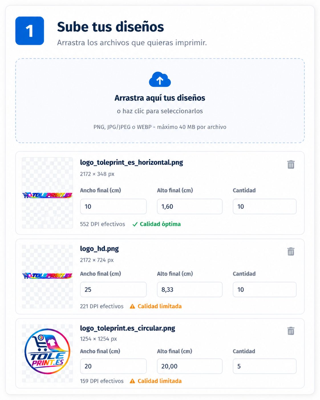 Sube tus diseños al configurador Toleprint