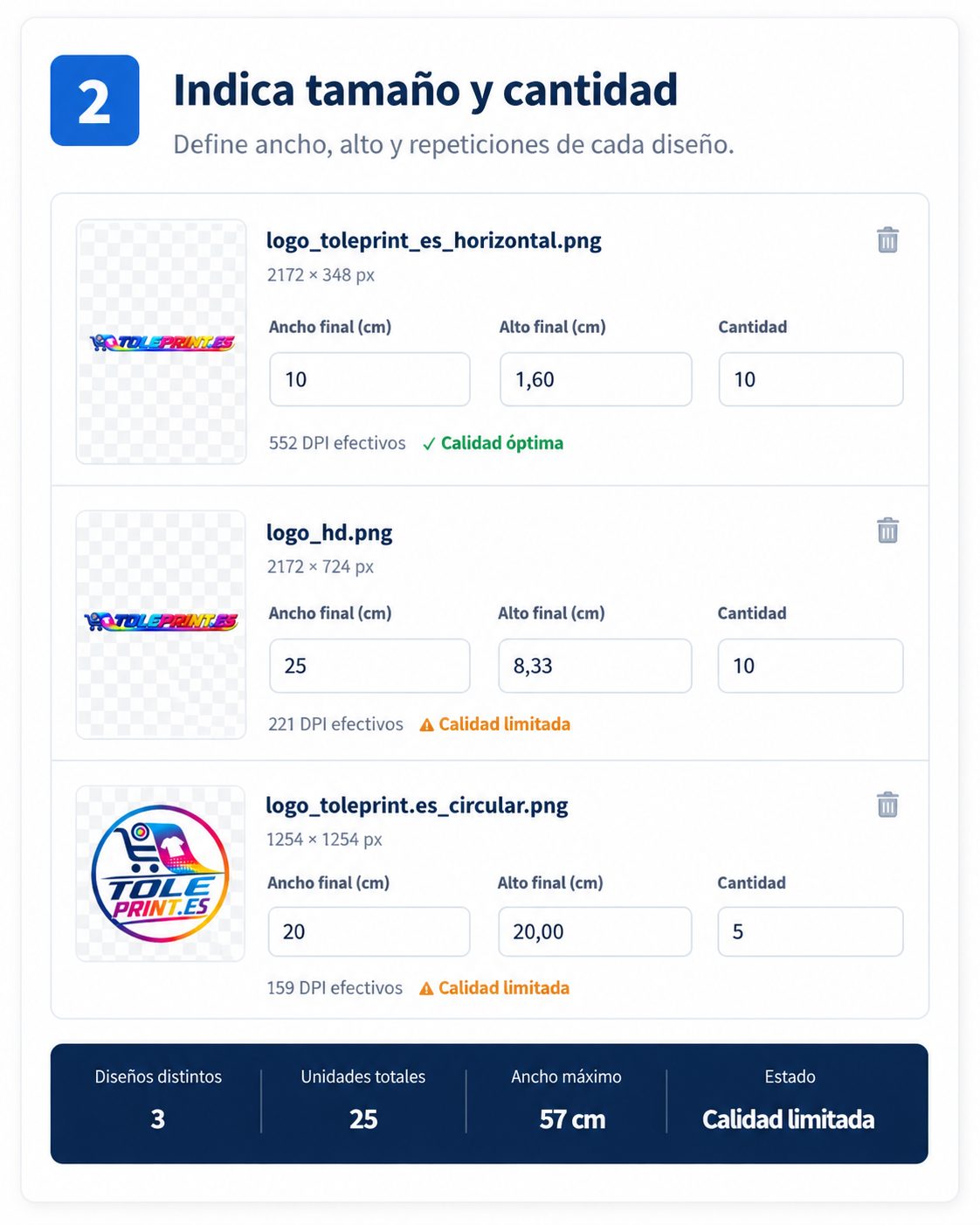 Indica tamaño y cantidad y revisa el Precheck de impresión
