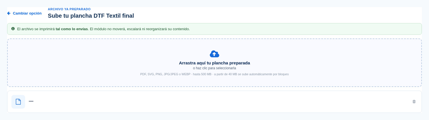 Subir plancha preparada al Configurador Toleprint