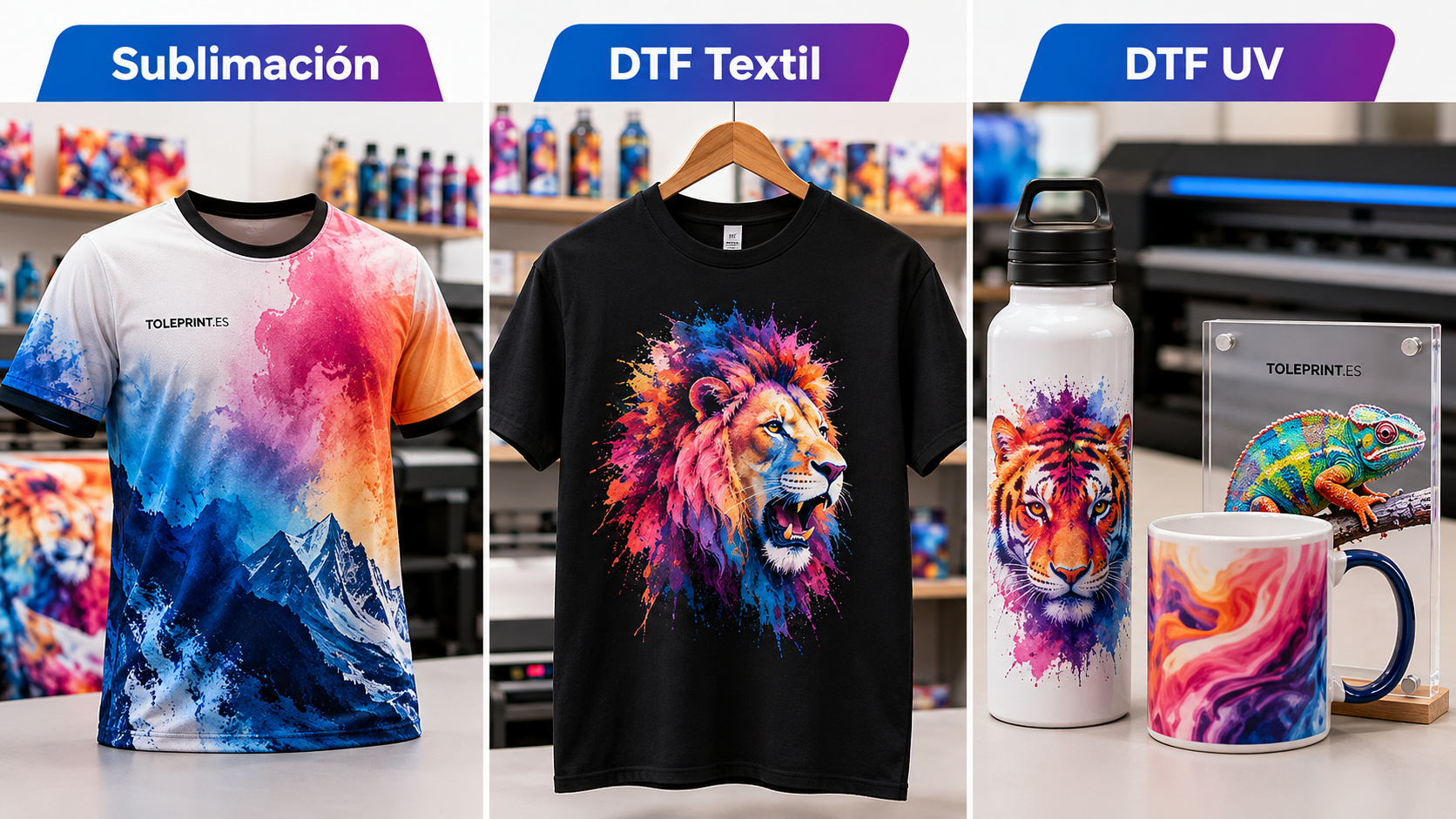 Comparativa visual entre sublimación DTF textil y DTF UV